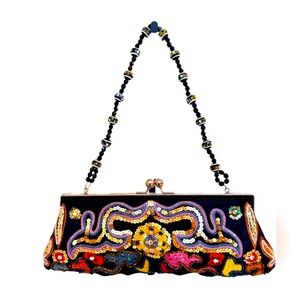 CHATEAU ~ Handmade Embroidered Sequined Black Satin Clutch with Beaded Strap